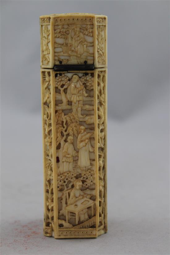 A Chinese export ivory etui case, c.1800, 12cm., slight losses